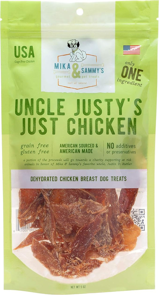Gourmet Jerky Dog Treats - Natural Dog Treat Chicken Jerky for Dogs, Nutritious and Tasty Dog Jerky Treats Made in USA only, Cage-Free Chicken, No Additives(Mika & Sammy's Unlcle Justy's 5 oz)