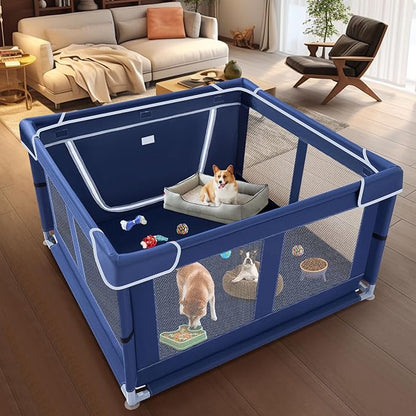 42x42x25.6 Inches Puppy Playpen with Gate, Dog Playpen for Puppies or Small Dogs, Dog Fence Pet Playpen for Indoor & Outdoor, Sturdy Safety Dog Pen with Thickened Fabric, High-Strength Nylon Wire Mesh