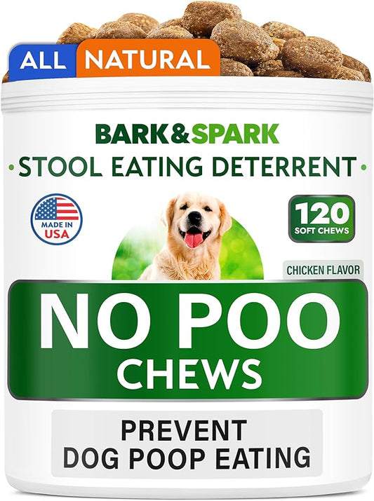 Bark&Spark NO POO Treats - Prevent Dog Poop Eating - Coprophagia Treatment - Stool Eating Deterrent - Probiotics & Enzymes - Digestive Health + Breath Aid - Made in USA - (120 Ct - Chicken)