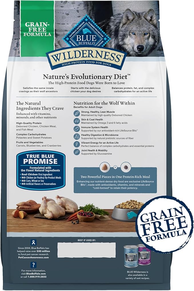 Blue Buffalo Wilderness Adult High-Protein Dry Dog Food with Real Chicken, Grain-Free, Made in The USA with Natural Ingredients, Chicken, 4.5-lb. Bag (Pack of 2)