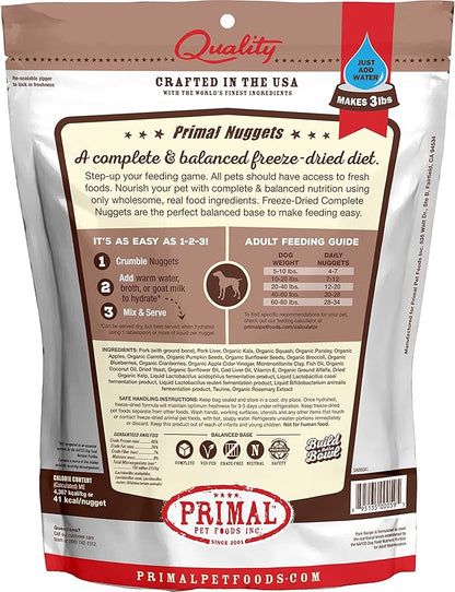 Primal Freeze Dried Dog Food Nuggets, Pork; Complete & Balanced Meal; Also Use as Topper or Treat; Premium, Healthy, Grain Free, High Protein Raw Dog Food, 14 oz (Pack of 4)