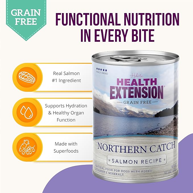 Health Extension Dog Food, Northern Catch Salmon Recipe - 12.5 oz, Grain Free, Added Vitamins and Minerals, for All Life Stages, Vet Formulated, Improve Gut Health, Immune Support (Case of 12 Cans)
