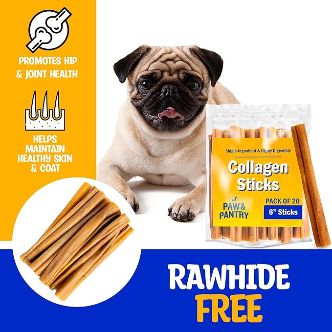 Paw & Pantry 6" Beef Collagen Sticks for Dogs (20 Pk) - Rawhide Free All Natural Collagen Chews for Dogs - Long Lasting Dog Collagen Sticks - Dog Treats Promote Hip, Joint, Skin, Coat, & Dental Health