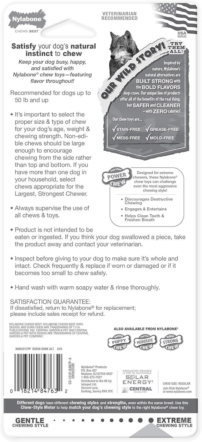 Nylabone Power Chew Bison Bone Alternative Nylon Chew Toy for Dogs, Dog Toys for Aggressive Chewers, Bison Flavor, Large/Giant (1 Count)
