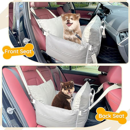 Dog Car Seat for Small Dogs, Upgraded Leather Dog Travel Carrier Bed, Dog Booster with Storage Pocket and Clip-On Safety Leash Fully Detachable and Scratch-Resistant Both Indoor and Outdoor Use
