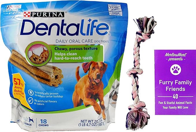 Purina DentaLife Daily Oral Care Chews Dental Dog Treats - Large Snacks for Big Pups 40+ Lbs (18 Count) - Plus Rope Toy and Fun Animal Facts Booklet Bundle