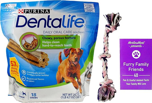 Purina DentaLife Daily Oral Care Chews Dental Dog Treats - Large Snacks for Big Pups 40+ Lbs (18 Count) - Plus Rope Toy and Fun Animal Facts Booklet Bundle