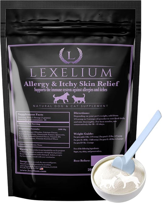 Allergy & Itch Relief Powder Supplement for Dogs & Cats - Fortified w/ Omega-3 Fish Oil | Long-term relief for Shedding, Skin & Itch, Seasonal Allergies, Hotspots - Bolsters the immune system- 200G