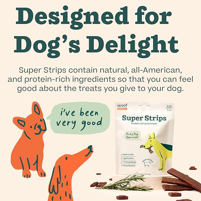 WOOF Super Strips, Protein-Rich Dog Treats, Beef Jerky for Dogs, Training Treats or Meal Booster, Made in The USA