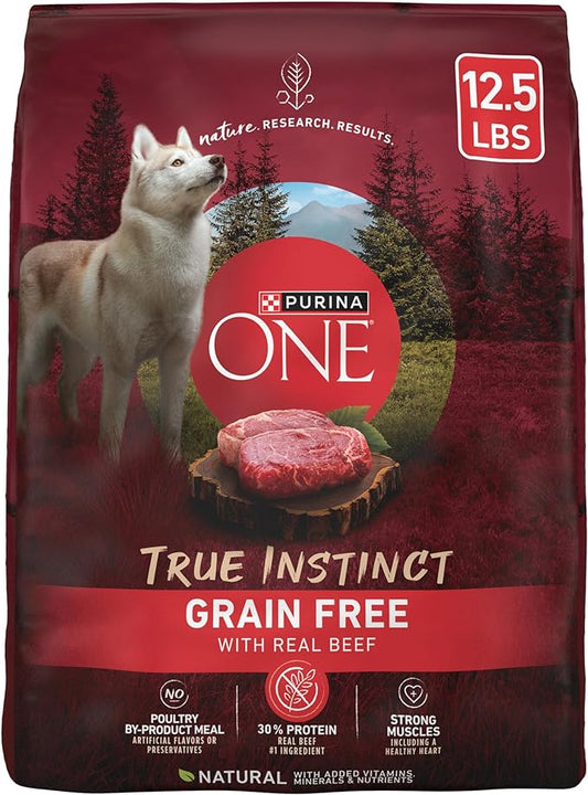 Purina ONE Grain Free Natural High Protein Dry Dog Food Formula True Instinct with Real Beef with Added Vitamins, Minerals and Nutrients - 12.5 lb. Bag