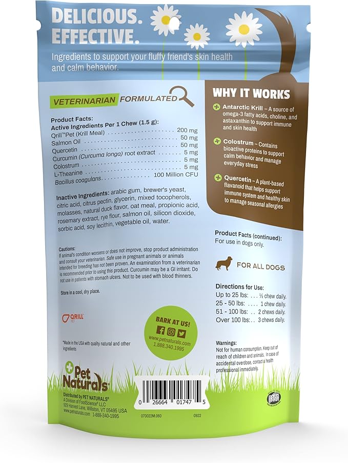 Pet Naturals Allergy Plus Calming Supplement for Dogs, Soft Chew, Duck Flavor, 60 Ct.