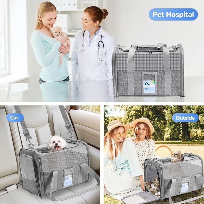 Soft Sided Cat Carrier for Under 18 Pounds, Folable Pet Carrier for Small Medium Cats Dogs, Roomy Dog Travel Carrier, Collapsible Puppy Carrier Bag with Locking Safety Zippers, Gray