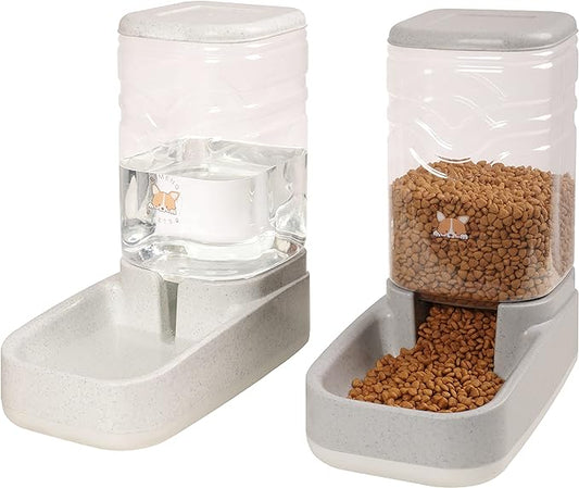 Automatic Dog Cat Gravity Food and Water Dispenser Set with Pet Food Bowl for Small Large Pets Puppy Kitten Rabbit Large Capacity(White & Gray, 3.8L)