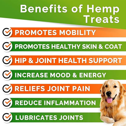 Hemp Hip & Joint Supplement for Dogs - Made in USA - Glucosamine - MSM - Turmeric - Hemp Seed Oil Infused Treats - Natural Joint Pain Relief & Mobility - 120 Soft Chews