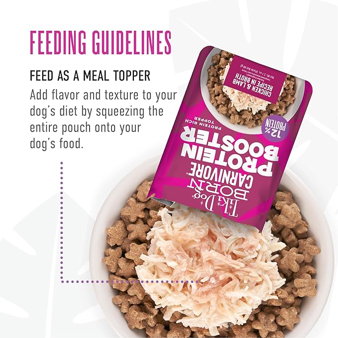 Tiki Dog Born Carnivore Protein Booster Dog Food Topper, Chicken and Lamb Recipe in Broth, 2.1 oz. Pouch (12 Count)