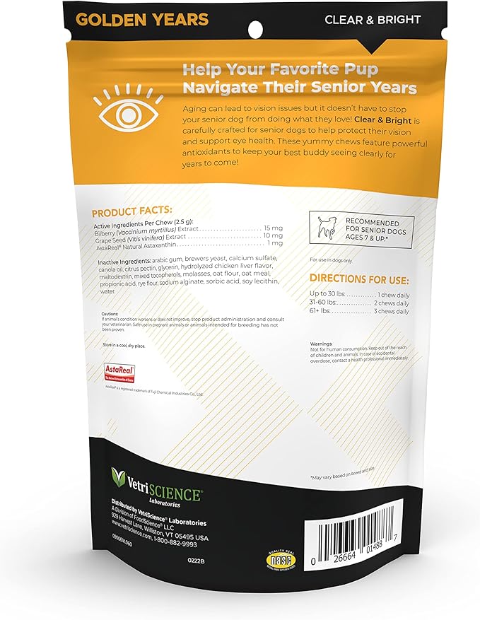 VetriScience Golden Years Clear and Bright Vision Support for Senior Dogs, Chicken Flavor, 60 Chews - Supports Cloudy and Teary Eyes and Ocular Blood Flow