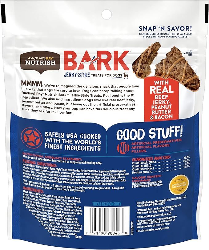 Nutrish Rachael Ray Bark Jerky-Style Dog Treats with Real Beef Jerky, Peanut Butter & Bacon, 4.5 Ounce (Pack of 5)