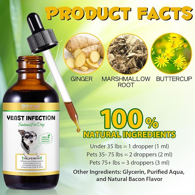 Dog Yeast Infection Treatment, 4 Fl Oz Natural Yeast Infection Treatment for Dogs Supports Dog Skin Itch Relief, Dog Ear Infection & Allergy Relief, Pet Supplies Dog Ear Care, Bacon Flavor - 2 x 60ml