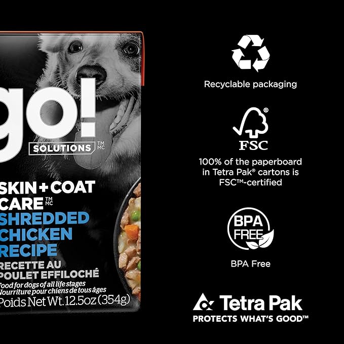 GO! SOLUTIONS Skin + Coat Care Wet Dog Food - Shredded Chicken Recipe with Grains - Complete & Balanced Nutrition for All Life Stages, 12.5 oz