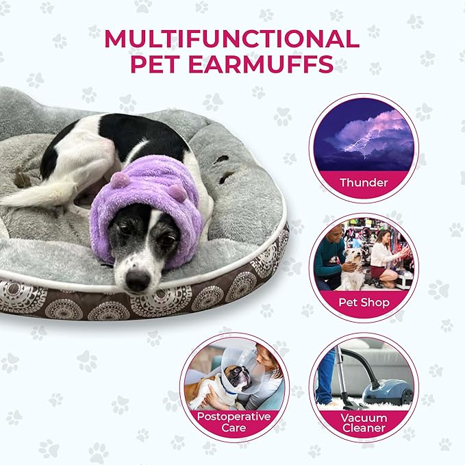 Adjustable Dog Noise Cancelling Ear Muffs Noise Protection - No Flap Ear Wraps for Dogs - Snoods Dog Headband Ear Covers for Anxiety Relief, Thunderstorms, Fireworks & Grooming (Purple, Large)