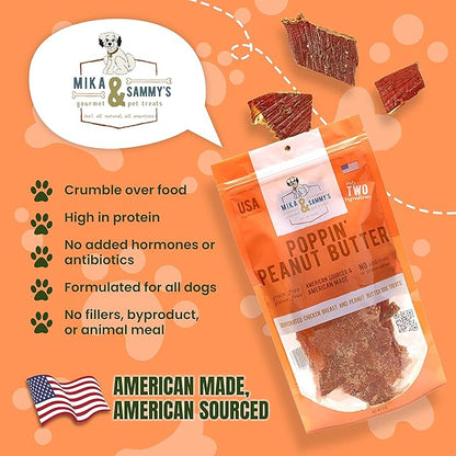 Gourmet Jerky Dog Treats - Natural Dog Treat Chicken Jerky for Dogs, Nutritious and Tasty Dog Jerky Treats Made in USA only, Cage-Free, No Additives (Mika & Sammy's Poppin' Peanut Butter 12 oz)