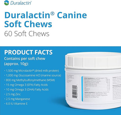 PRN Pharmacal Duralactin Canine Joint Plus - Joint Health Supplement for Dogs & Puppies to Support Healthy Cartilage Levels & Joint Function while Helping Manage Soreness - 60 Soft Chews