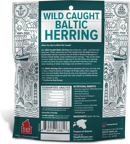 PLATO Pet Treats Air Dried Dog Treats Baltic Herring Dog Treat, Real Fish, Grain-Free, Baltic Herring, All Natural, Single Ingredient Fish, 3oz