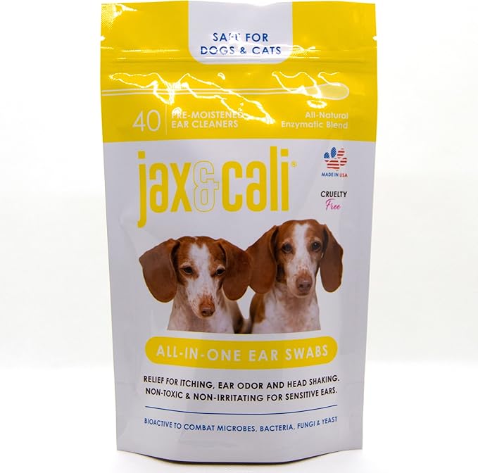 JAX & CALI All-in-One Ear Swabs for Dogs and Cats, All Natural Ear Cleaner for relief of Itching and Odor, for Healthy Ear Function, 40 Pre-Moistened Ear Cleaners