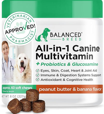 Balanced Breed All-in-1 Dog Multivitamin Supplement Made In USA NonGMO Vet-Pharmacist Approved Glucosamine Dogs Joint Support Dog Probiotic Dog Vitamins Supplements Salmon Oil Dogs Skin Coat Allergies