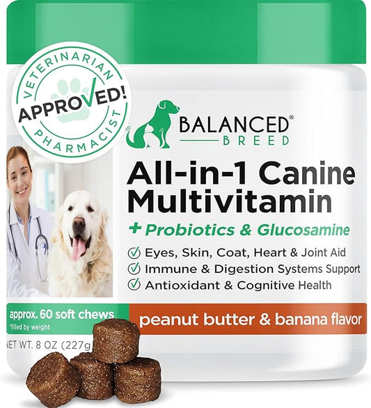 Balanced Breed All-in-1 Dog Multivitamin Supplement Made In USA NonGMO Vet-Pharmacist Approved Glucosamine Dogs Joint Support Dog Probiotic Dog Vitamins Supplements Salmon Oil Dogs Skin Coat Allergies