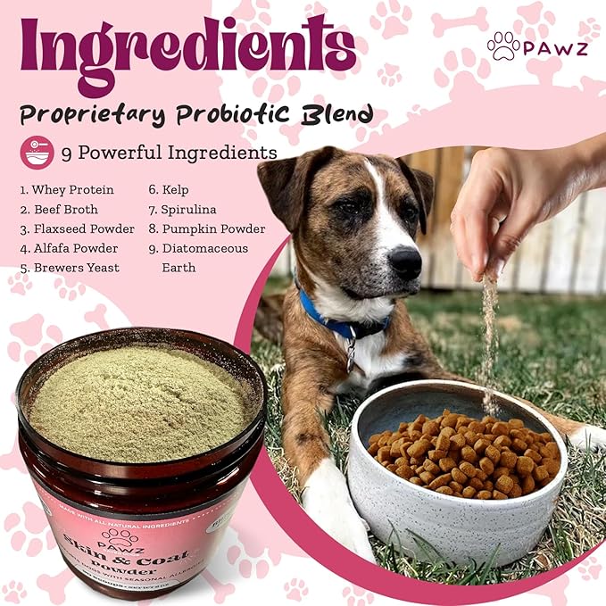 PAWZ Skin & Coat Supplement Powder for Dogs - 90 Scoops Beef Flavor - Omega 3 Probiotics Supplement Support Coat Density and Strength - Suitable for All Types of Dogs