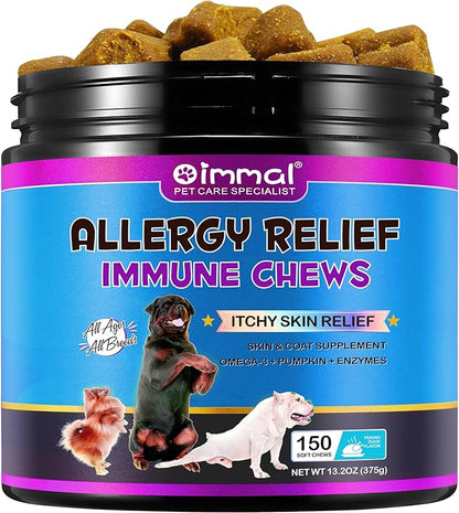 Dog Allergy Relief Chews, Itch Relief for Dogs, Allergy Relief Dog Treats w/Omega 3 + Pumpkin + Enzymes, Anti Itch Support & Hot Spots, Skin & Coat Immune Health Supplement for Dogs