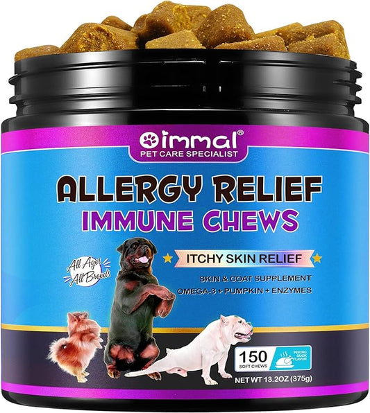 Dog Allergy Relief Chews, Itch Relief for Dogs, Allergy Relief Dog Treats w/Omega 3 + Pumpkin + Enzymes, Anti Itch Support & Hot Spots, Skin & Coat Immune Health Supplement for Dogs