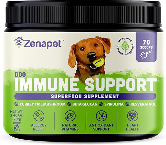 ZENAPET Allergy Immune Support Supplement for Dogs, Superfood 100% Human-Grade with Turkey Tail Mushroom, Prebiotics for Gut Health, Itchy Skin, Seasonal Allergies & Yeast - for Small to Large Breeds