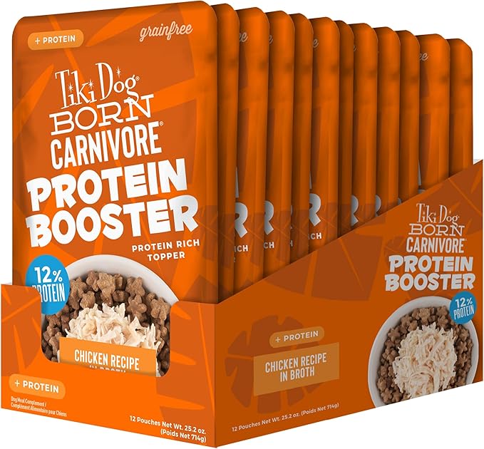Tiki Dog Born Carnivore Protein Booster Dog Food Topper, Chicken Recipe in Broth, 2.1 oz. Pouch (12 Count)