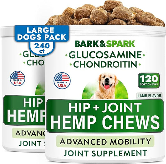 BARK&SPARK Hemp Treats + Glucosamine - Natural Joint Pain Relief - Hip & Joint Supplement w/MSM + Chondroitin + Hemp Oil + Omega 3 - Joint Pain Relief - Made in USA - Lamb Flavor - 240 Chews