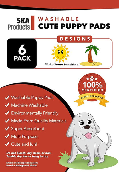 Cute Washable Puppy Pee Pads | 6 Pack Sun, Palm Tree Designs | Large Super Absorbent Wee Wee Potty Mats | Dog Housebreaking, Pet Crate Training | Multi-Purpose Reusable Eco-Friendly | Whelping