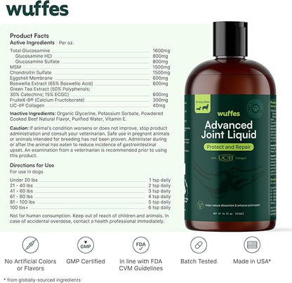 Wuffes Advanced Joint Liquid for Dogs - Hip & Joint Support Supplement with Glucosamine, Chondroitin, UC-II® Collagen, and MSM, for Small & Large Breeds - 16 Oz