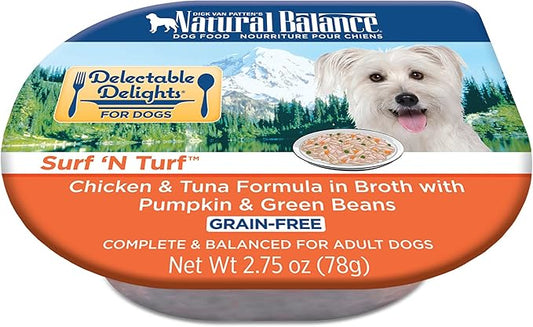Natural Balance Delectable Delights Grain-Free Surf 'N Turf - Chicken & Tuna in Broth with Sweet Potato & Green Beans | Adult Wet Dog Food | 2.75-oz. Cup (Pack of 24)