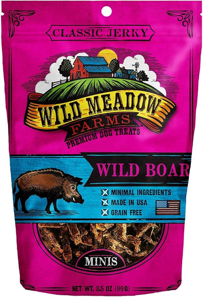 Wild Meadow Farms - Classic Wild Boar Minis, Soft Jerky Training Treats for Dogs, Grain-Free, All-Natural & Perfectly Sized for Training, High-Value Rewards in a Convenient 3.5 Ounce Pouch