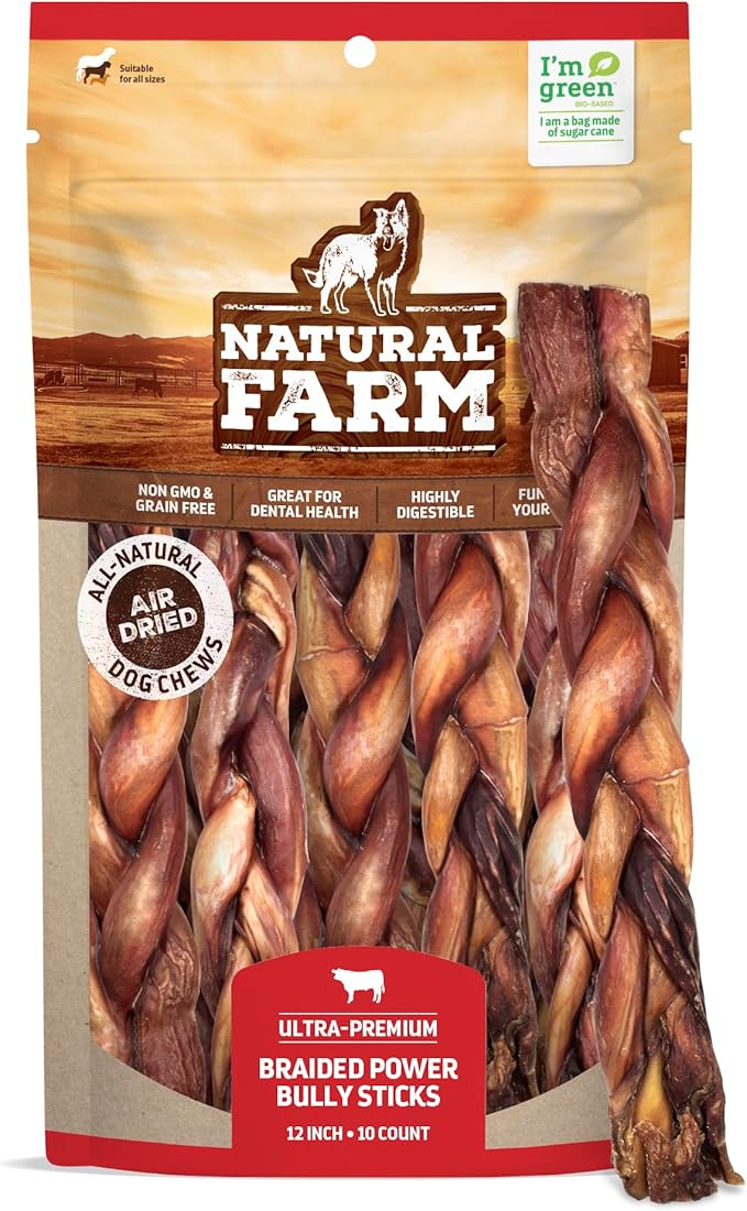 Natural Farm Braided Power Bully Sticks Dog Chews (12”, 10-Pack), 2-in-1 Power Chews: Premium Beef Cheek Wrapped in Beef Pizzle, Braided Together for a Very Long Lasting Chew, Great for Large Dogs