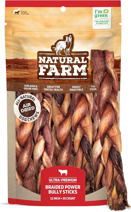 Natural Farm Braided Power Bully Sticks Dog Chews (12”, 10-Pack), 2-in-1 Power Chews: Premium Beef Cheek Wrapped in Beef Pizzle, Braided Together for a Very Long Lasting Chew, Great for Large Dogs