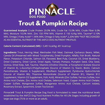 pinnacle pet Trout & Pumpkin Dry Dog Food 22 lb, Infused with Broth