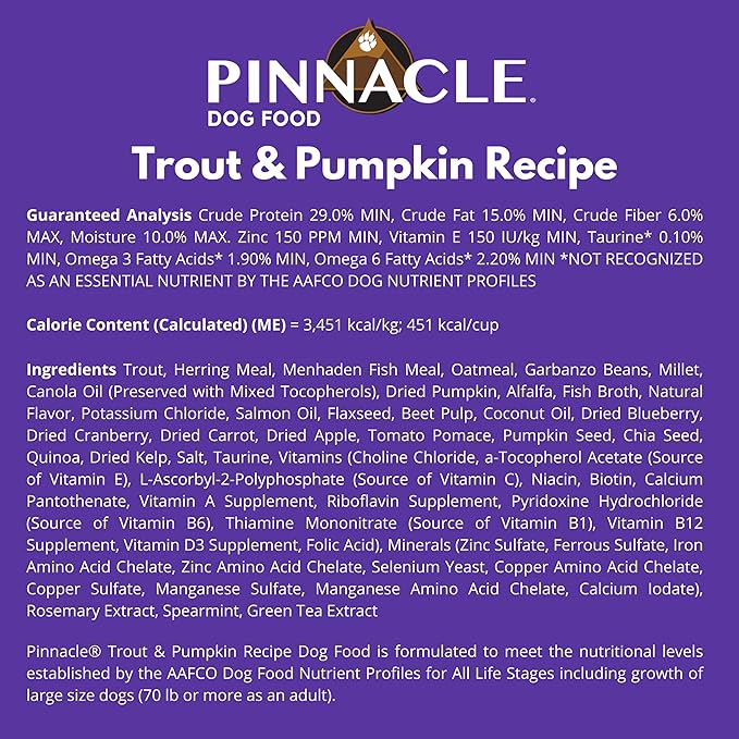 pinnacle pet Trout & Pumpkin Dry Dog Food 4 lb, Infused with Broth