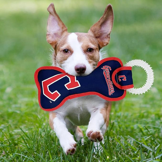 MLB Cleveland Guardians Bone Shaped Dental Dog TUG Toy with Squeaker. Tough PET Toy for Healthy Fun, Teething, and Cleaning pet's Teeth and Gum.