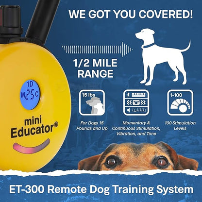 E-Collar - ET-300-1/2 Mile Remote Waterproof Trainer Mini Educator Remote Training Collar - 100 Training Levels Plus Vibration and Sound - includes PetsTEK Dog Training Clicker
