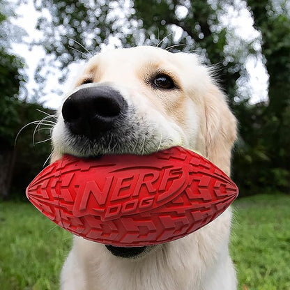 Nerf Dog Tire Football Dog Toy with Interactive Squeaker, Lightweight, Durable and Water Resistant, 6 Inch Diameter for Medium/Large Breeds, Single Unit, Red