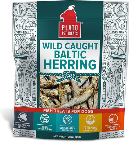 PLATO Pet Treats Air Dried Dog Treats Baltic Herring Dog Treat, Real Fish, Grain-Free, Baltic Herring, All Natural, Single Ingredient Fish, 3oz