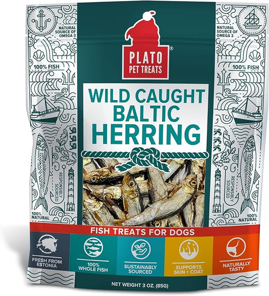 PLATO Pet Treats Air Dried Dog Treats Baltic Herring Dog Treat, Real Fish, Grain-Free, Baltic Herring, All Natural, Single Ingredient Fish, 3oz