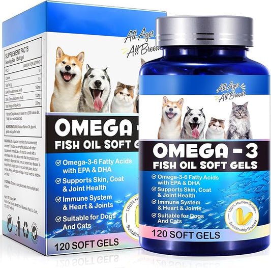 Omega-3 Fish Oil for Dogs, Omega 3 Fish Oil with EPA & DHA Supports Dogs Seasonal Allergies Relief, Boosts Immune Function, Itch Skin Relief & Promote Coat Health, Pet Supplements - 120 Soft Gels